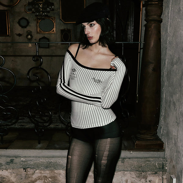 Striped Slim Fit Off-Shoulder Long Sleeve T-Shirt Top