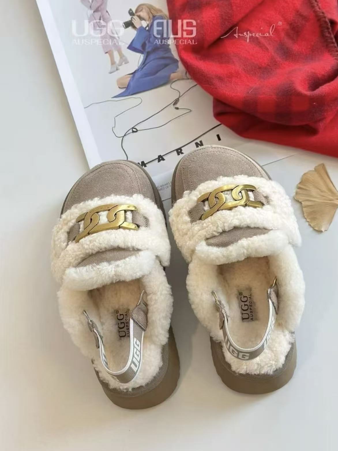 Ozlana Ugg  Fur Slippers(removable velcro patch + heel strap)