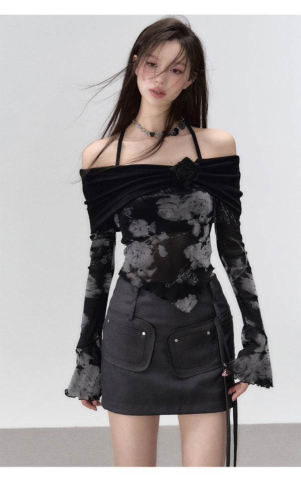Black Rose Flared Sleeve Blouse