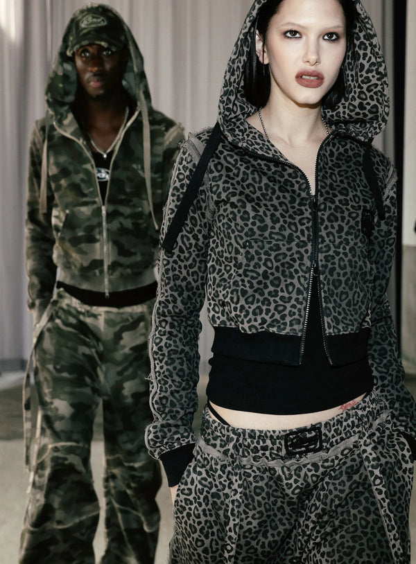 Low Edge Hoodie Slim Fit - Black Leopard