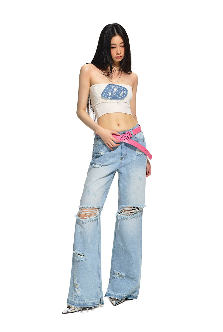 Fitted Knit Denim Embroidered Bardot Top- NAWs