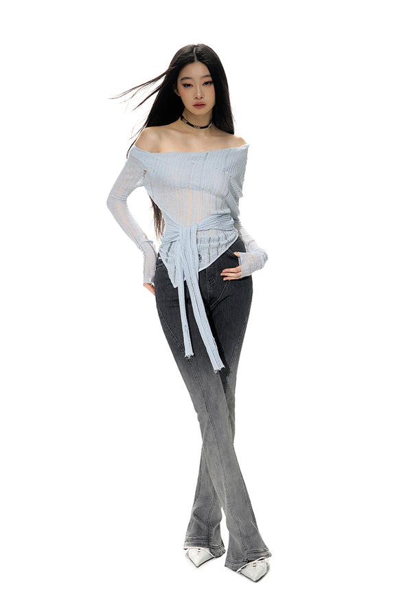 Wrap Waist Tie Slanted Neck Knit Sweater- NAWs