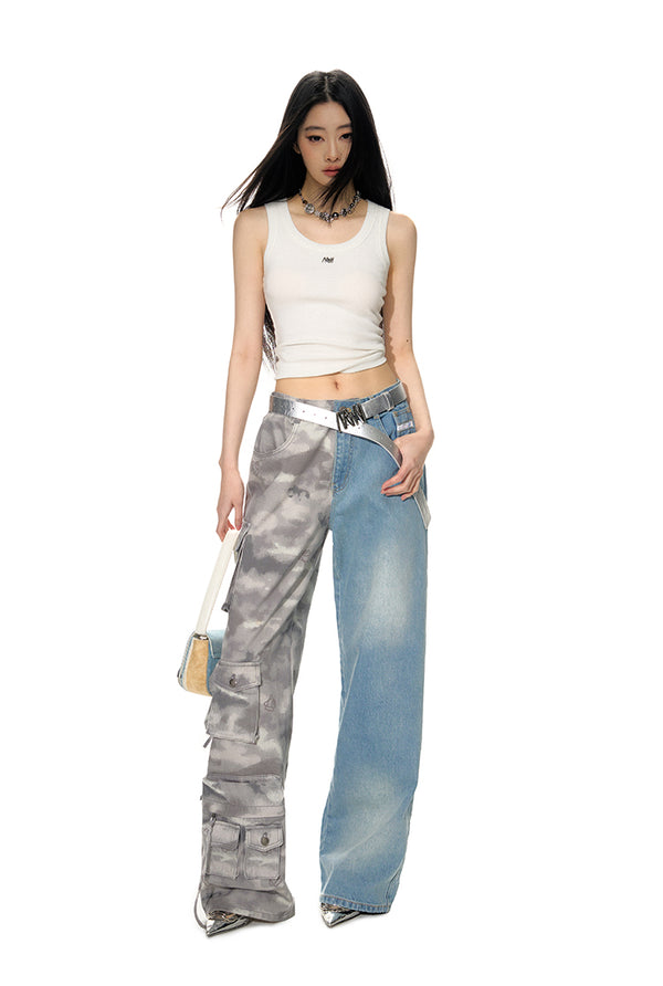 Camouflage Denim Patchwork Straight-leg Pants- NAWs