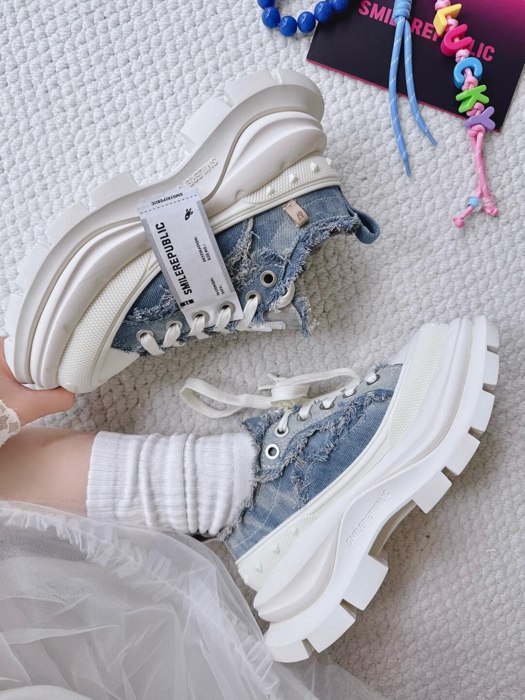 2.0 Smile Queen Denim Blue Thick Sole Low Top Sneaker