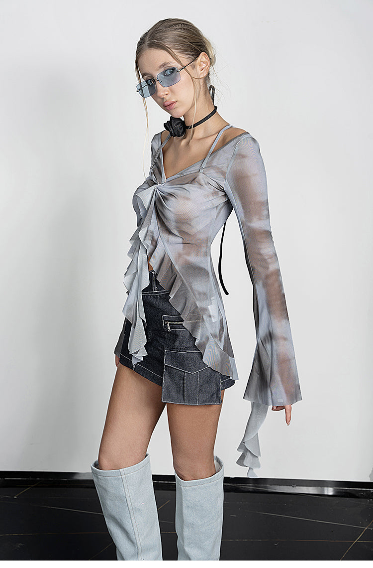 Printed Mesh Knot Shoulder Blouse