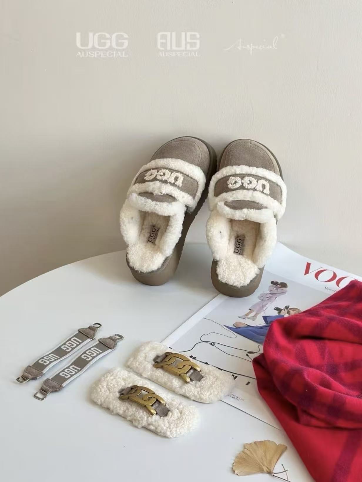 Ozlana Ugg  Fur Slippers(removable velcro patch + heel strap)