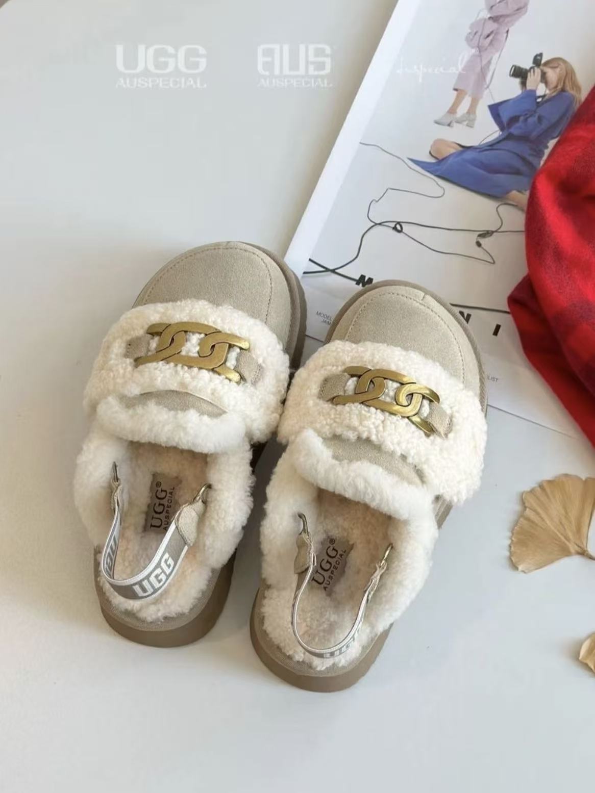Ozlana Ugg  Fur Slippers(removable velcro patch + heel strap)