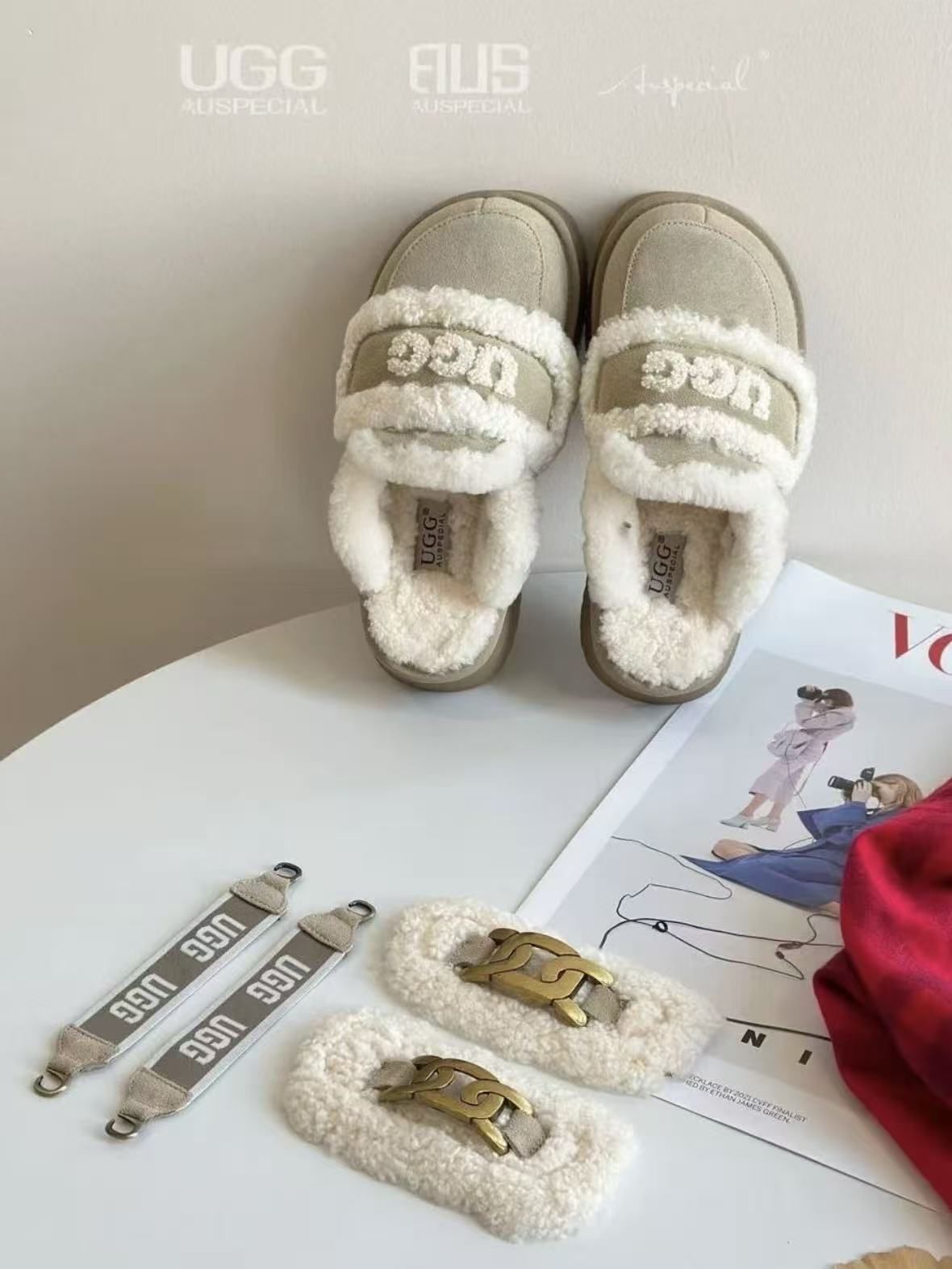 Ozlana Ugg  Fur Slippers(removable velcro patch + heel strap)