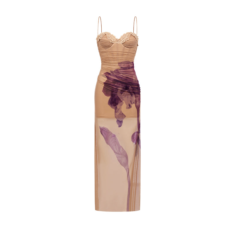 Mesh Iris Flower Printed Maxi Dress