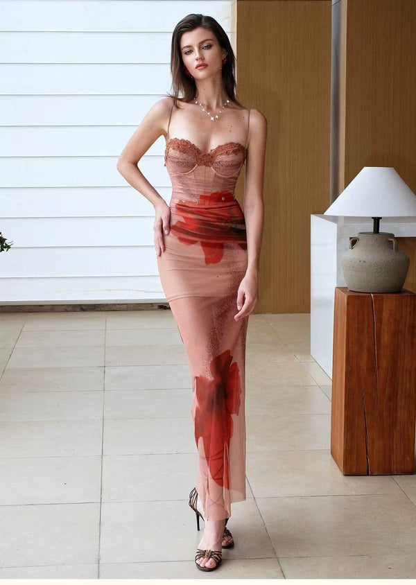 Floral Fake Two-Piece Fishbone Slim Fit Dresses