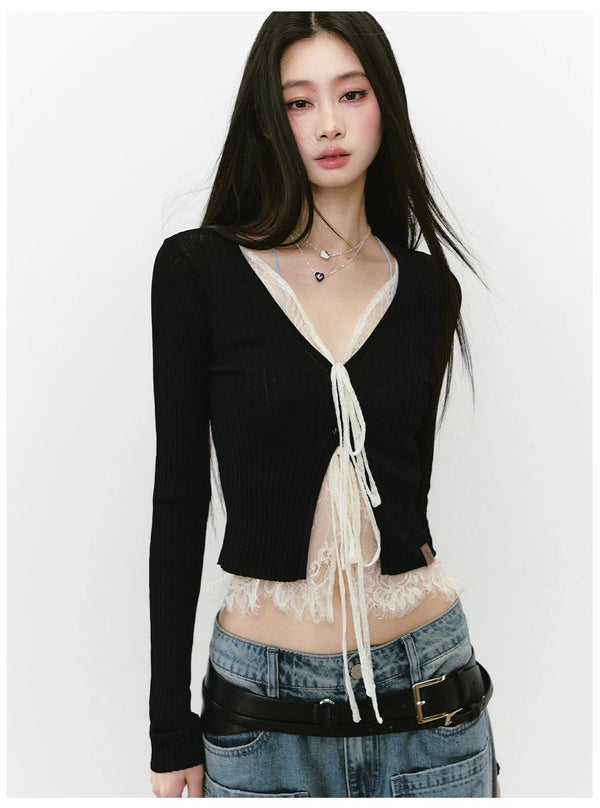 Lace-Trimmed Knit Cardigan