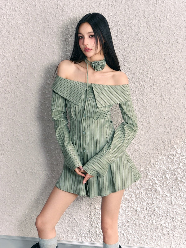 French Off-Shoulder Cinched Waist Shirt Dress