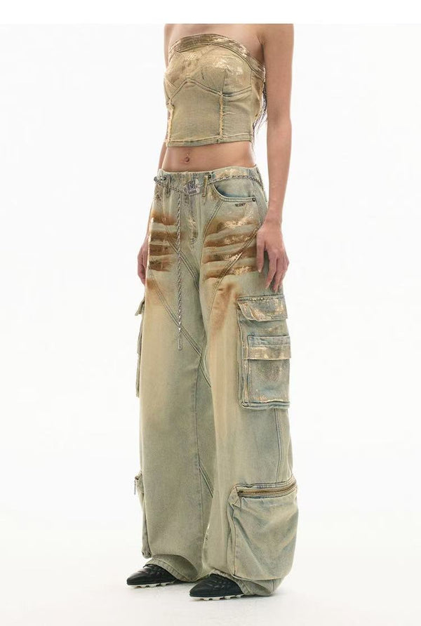 Snake Print Oversized Vintage Silver-Brushed H-Cut Low-Rise Jeans