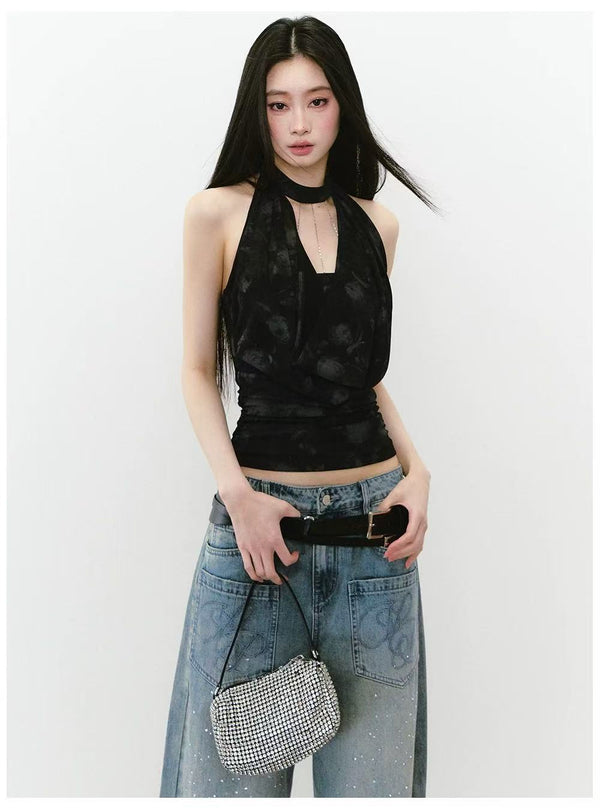 Chain Strap Cowl Neck Halter Cinched Waist Tank Top