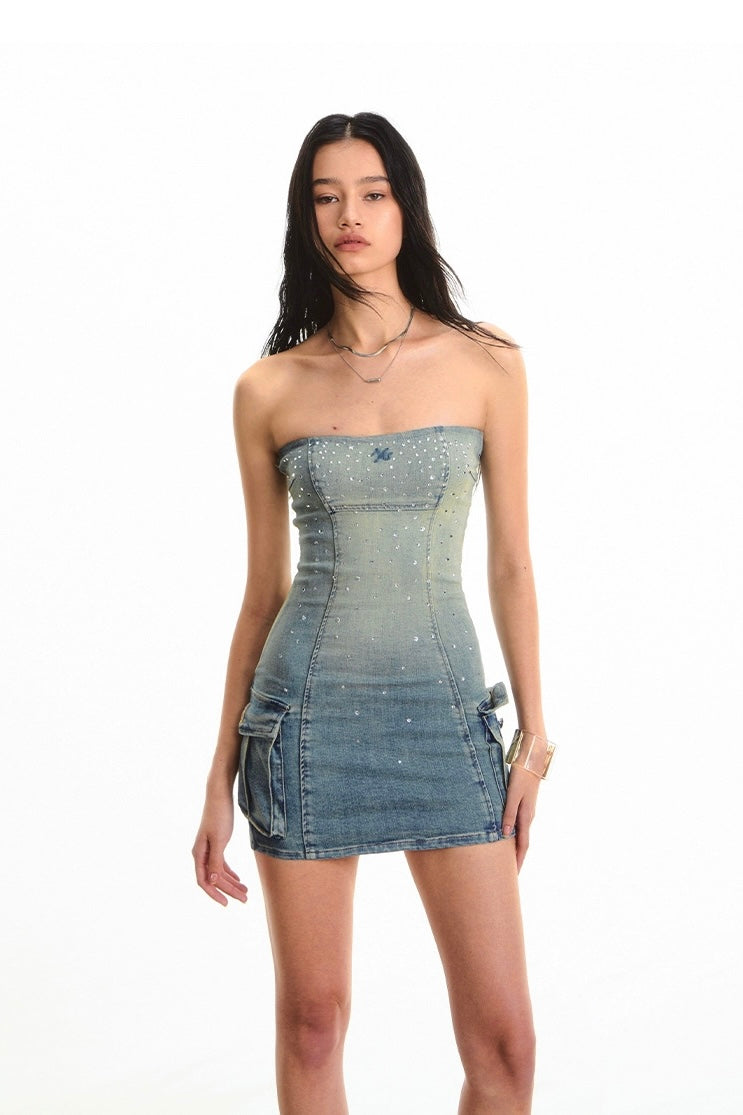 Vintage Waist-Cinching Rhinestone Galaxy Denim Bustier Dress