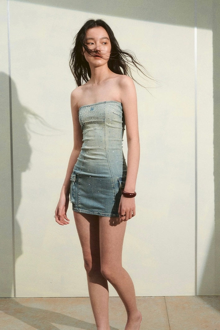 Vintage Waist-Cinching Rhinestone Galaxy Denim Bustier Dress