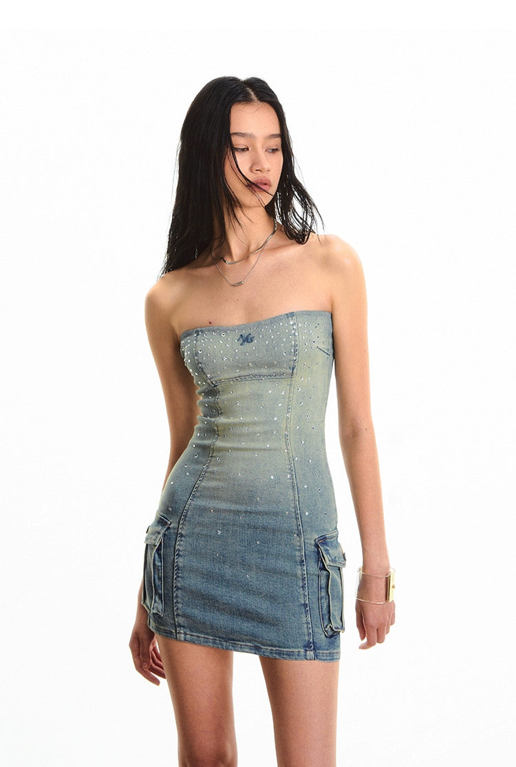 Vintage Waist-Cinching Rhinestone Galaxy Denim Bustier Dress