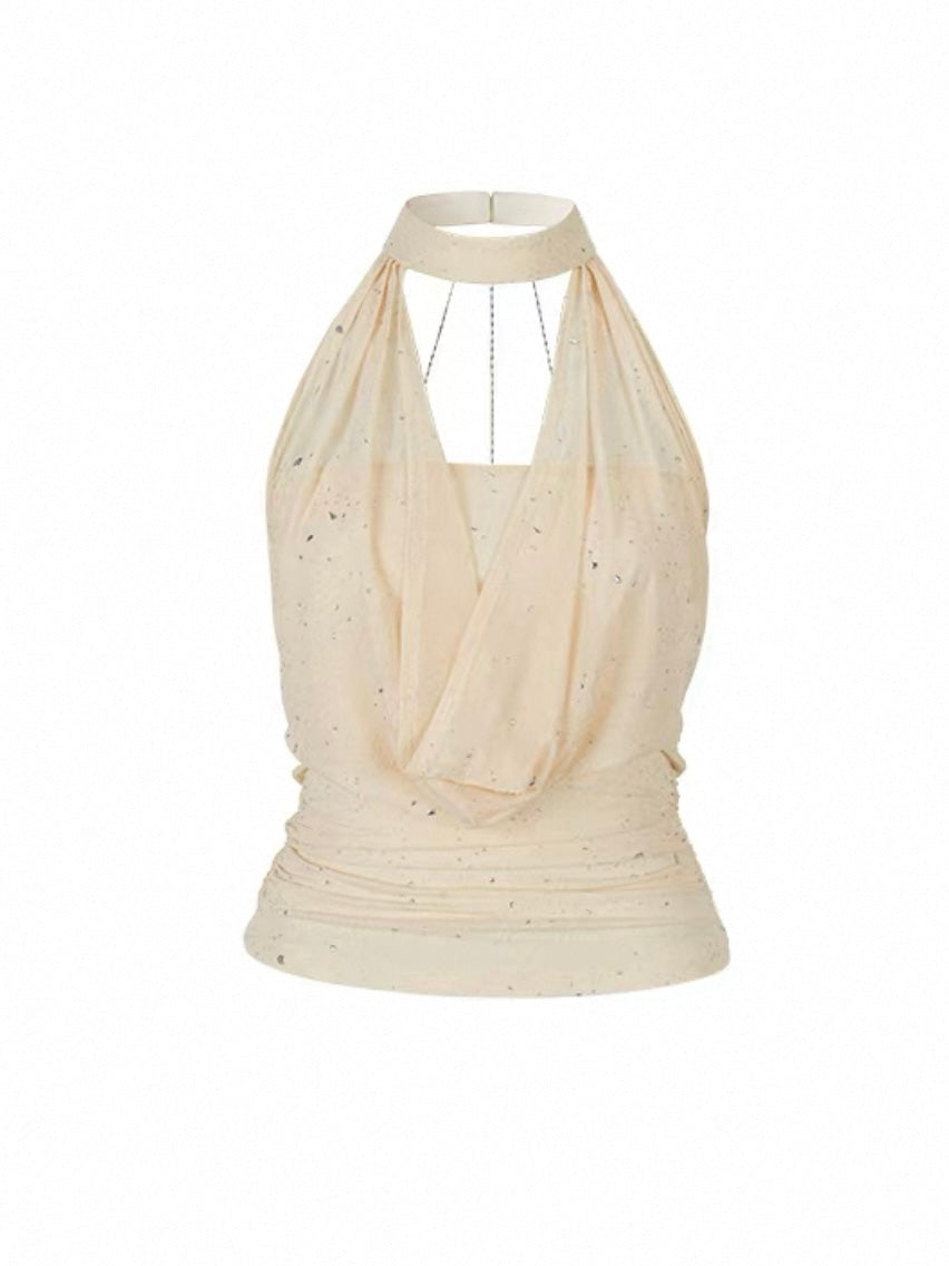 Chain Strap Cowl Neck Halter Cinched Waist Tank Top