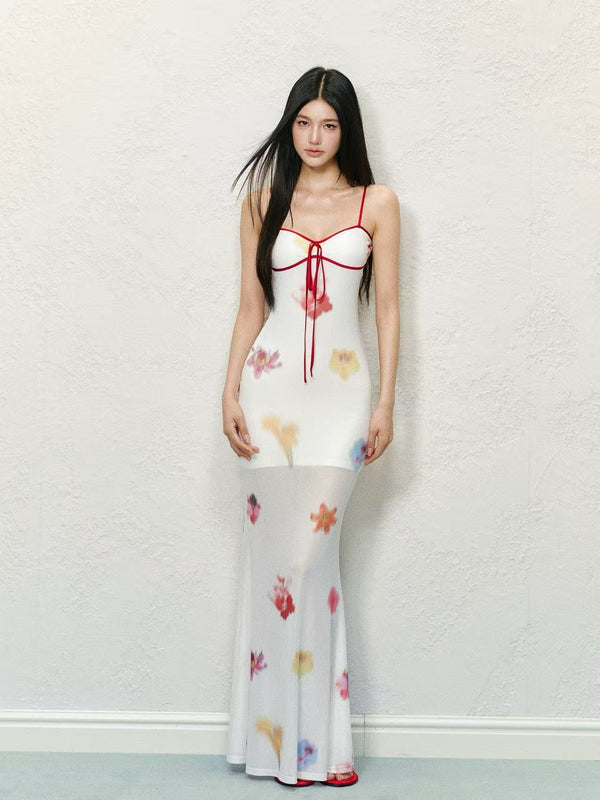 Semi-Sheer Color-Block Printed Mesh Dress