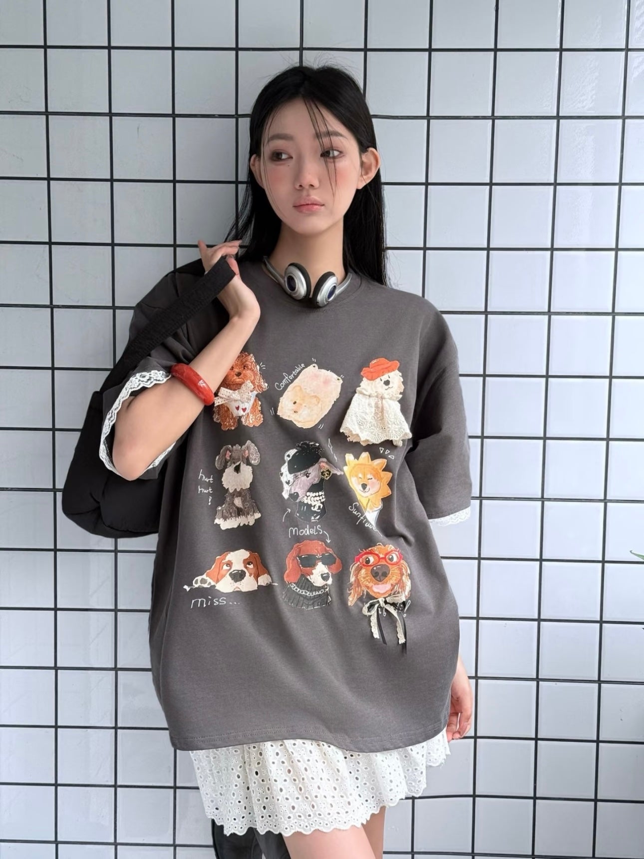 Dog Print Lace T-Shirt