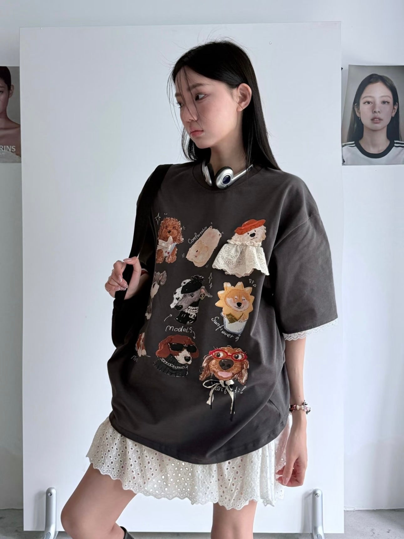 Dog Print Lace T-Shirt