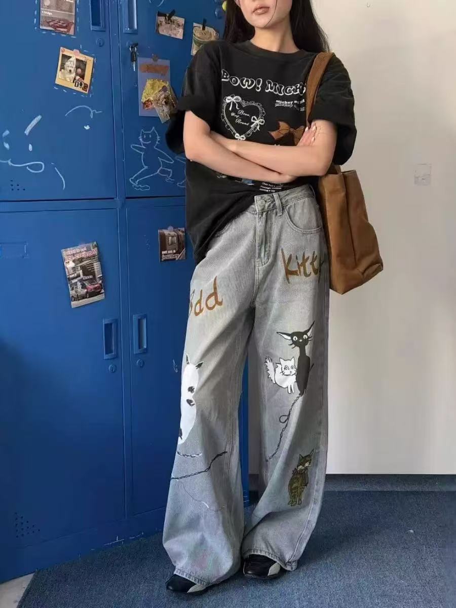 Airbrushed Kitten Washed Wide-Leg Jeans
