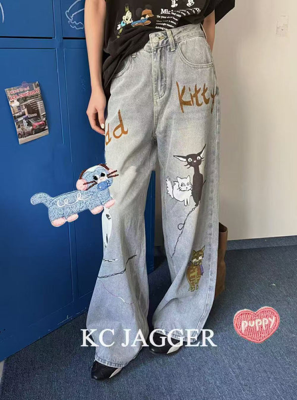 Airbrushed Kitten Washed Wide-Leg Jeans