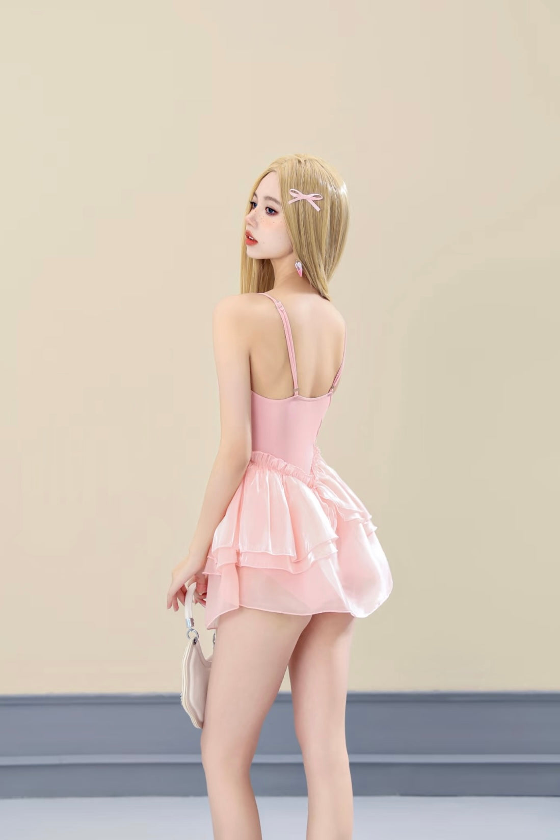 High-Waisted One-Piece Swimsuit with Ruched Mesh Skirt