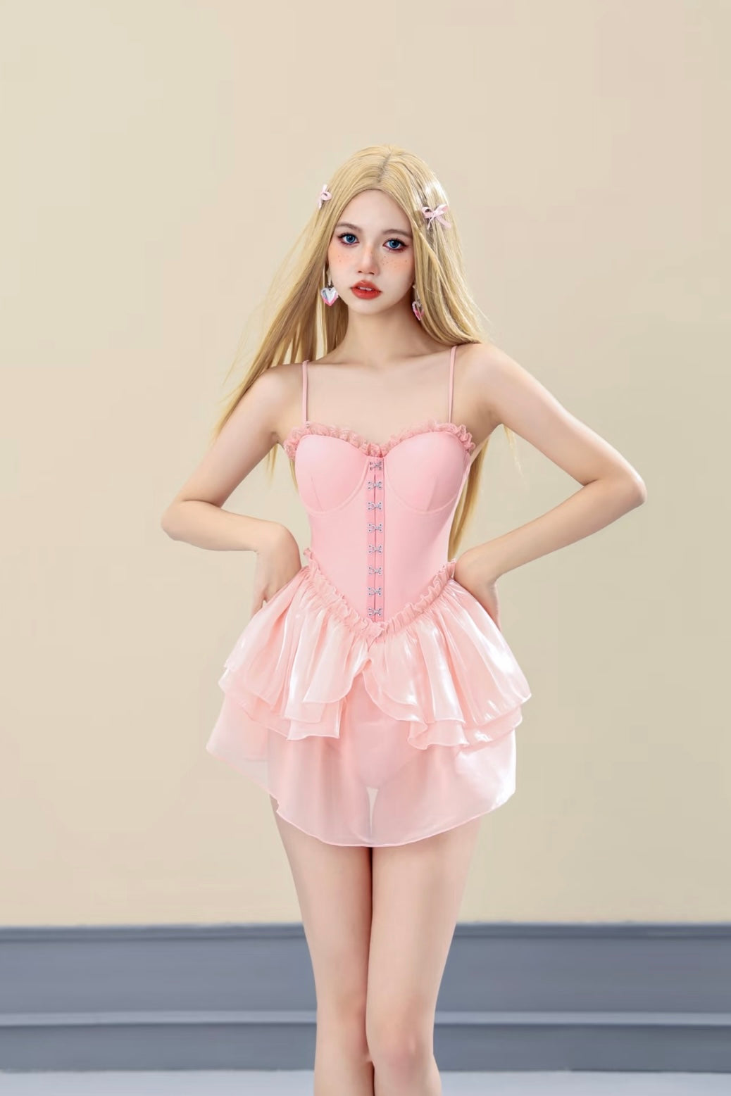 High-Waisted One-Piece Swimsuit with Ruched Mesh Skirt