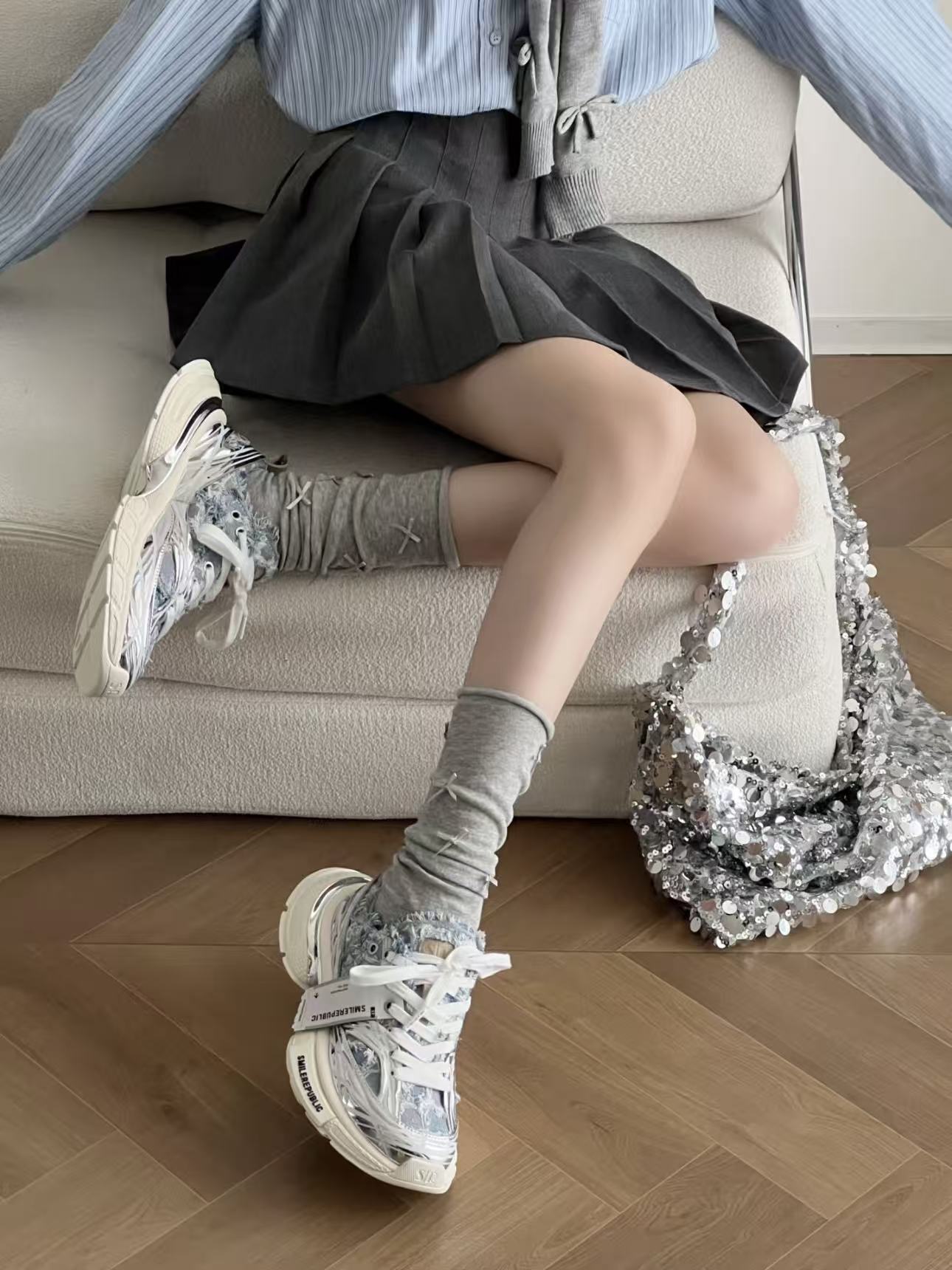 XXXS Denim Blue Silver Slip On Sneaker Canvas Shoes