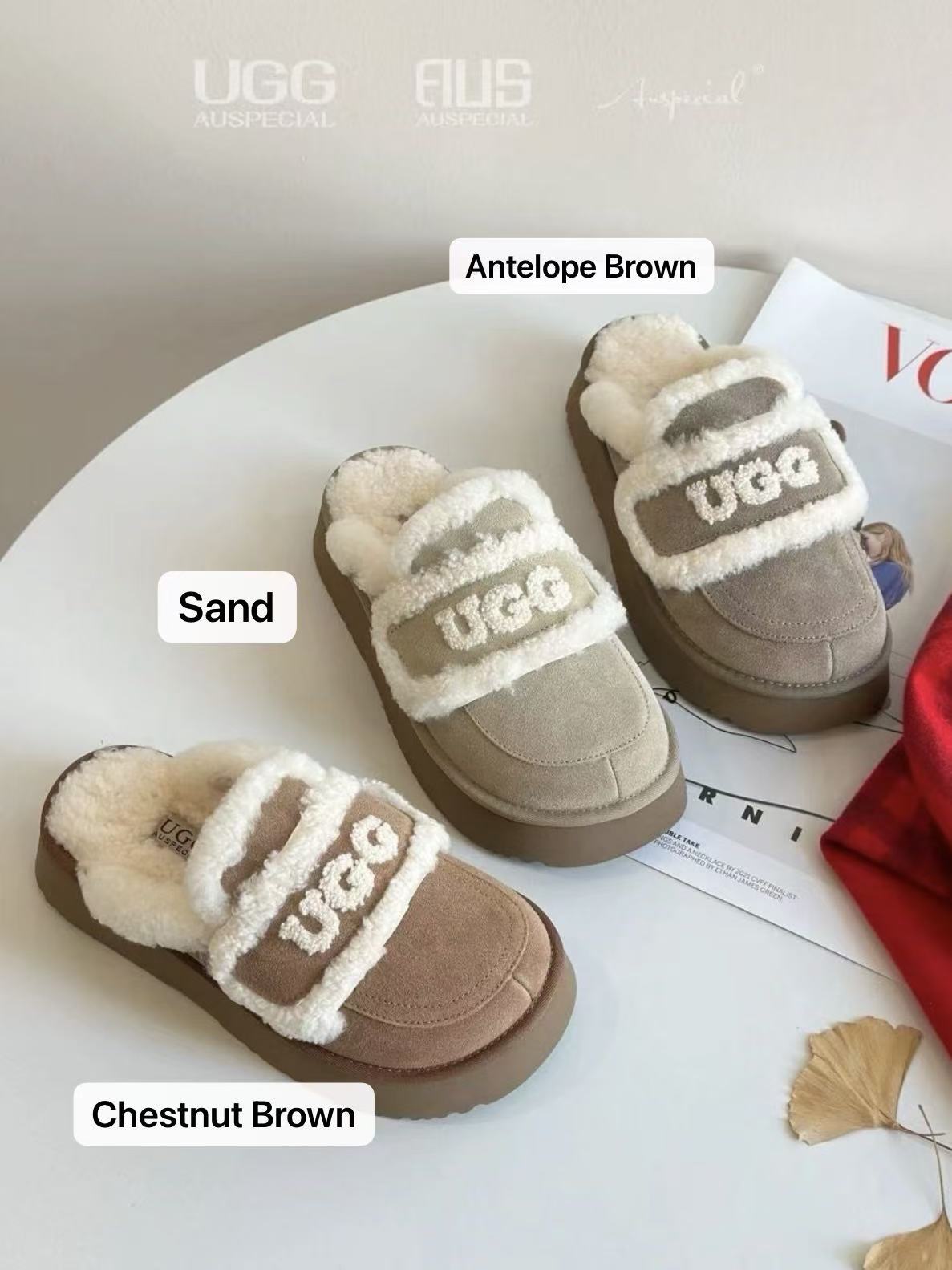 Ozlana Ugg  Fur Slippers(removable velcro patch + heel strap)