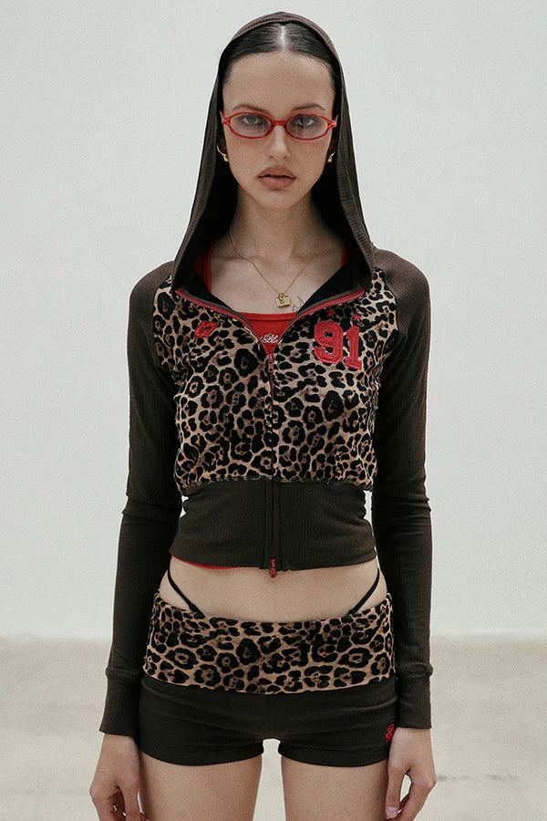 Jersey hooded zip-up - leopard