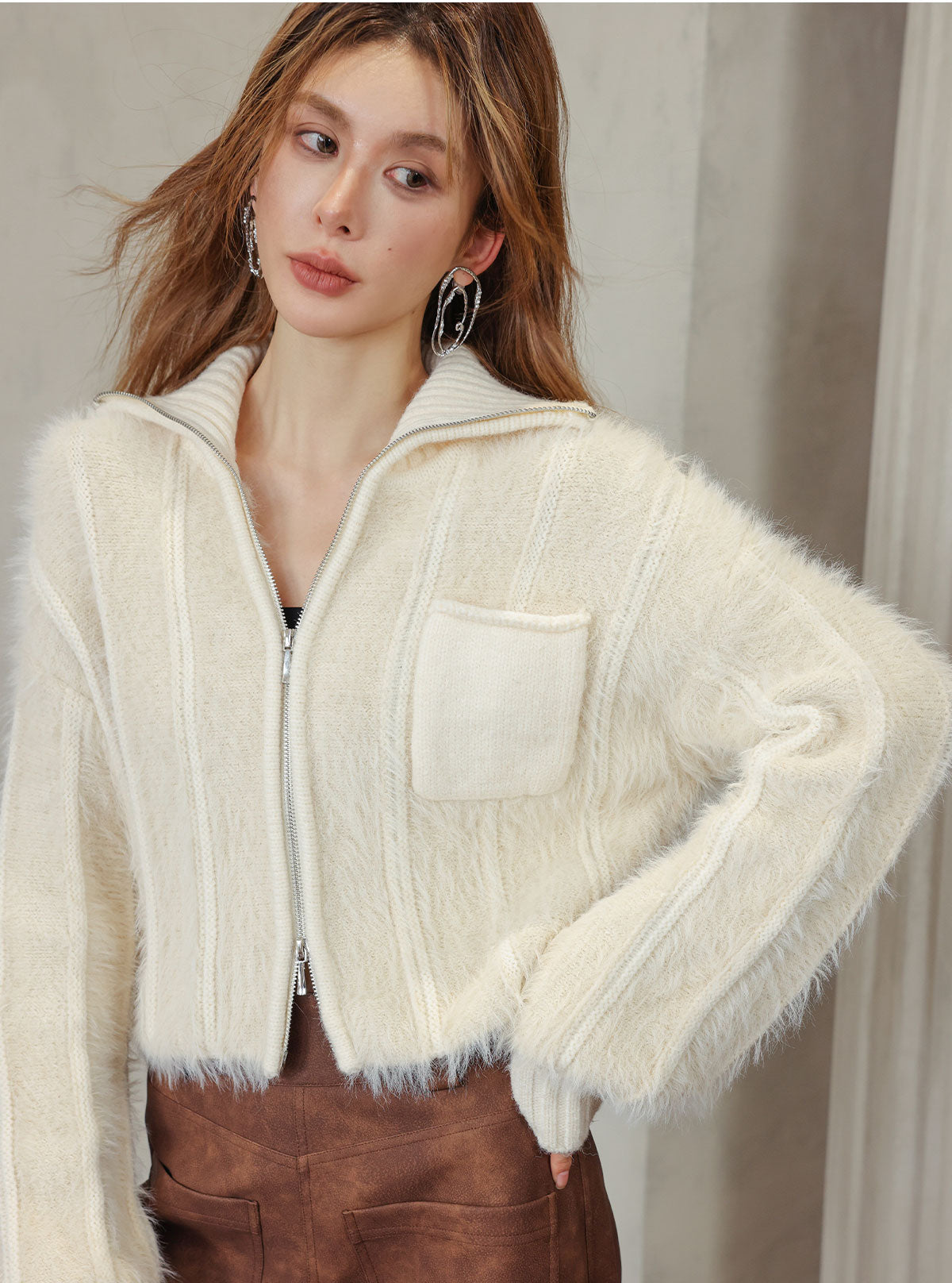 Gray & Apricot Faux Mink High-Neck Cardigan