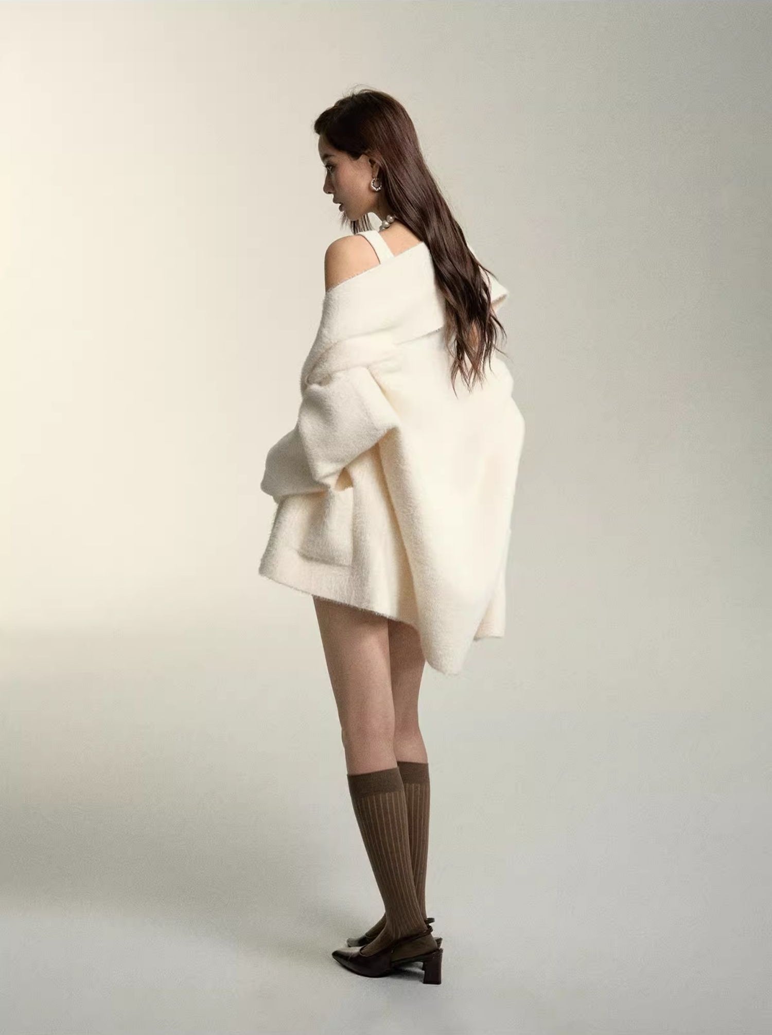 White Faux Mink Fur Collar Scarf Sweater
