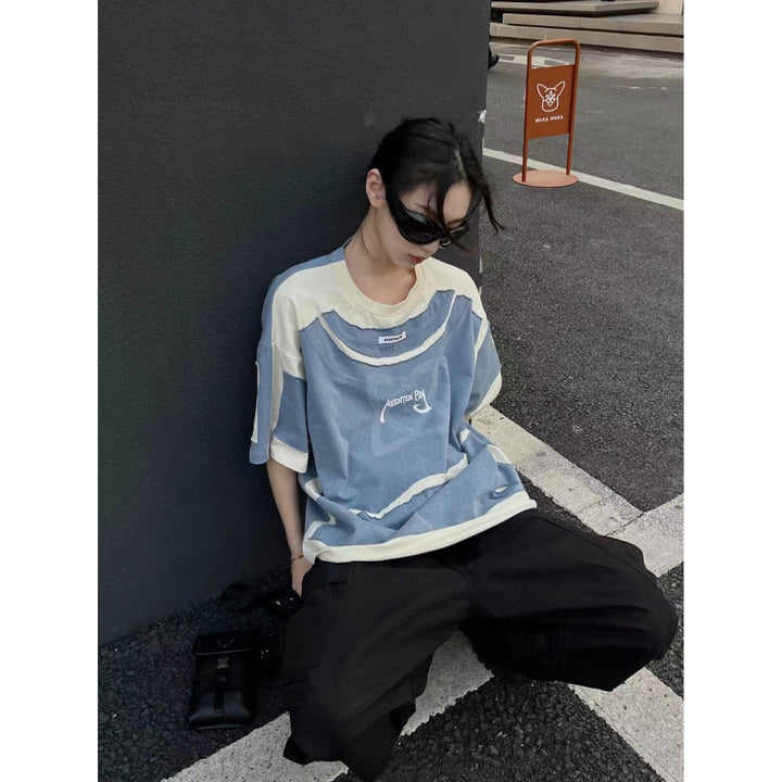 Aventen Pin Fake-2-Piece Logo Patch Tee Blue - Mores Studio