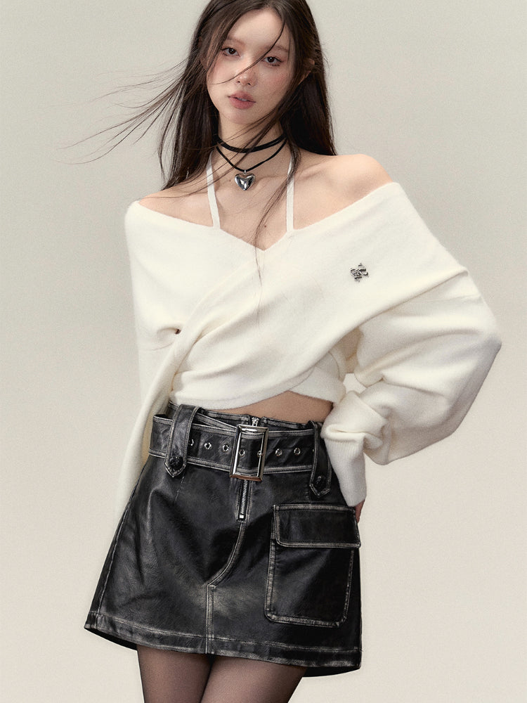 Grey & White Off-shoulder Knitted Wool Sweater