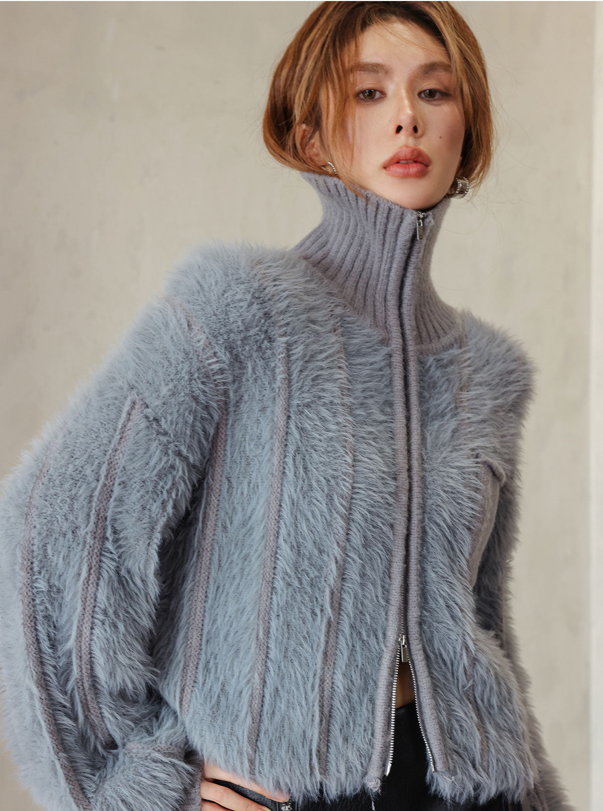 Gray & Apricot Faux Mink High-Neck Cardigan