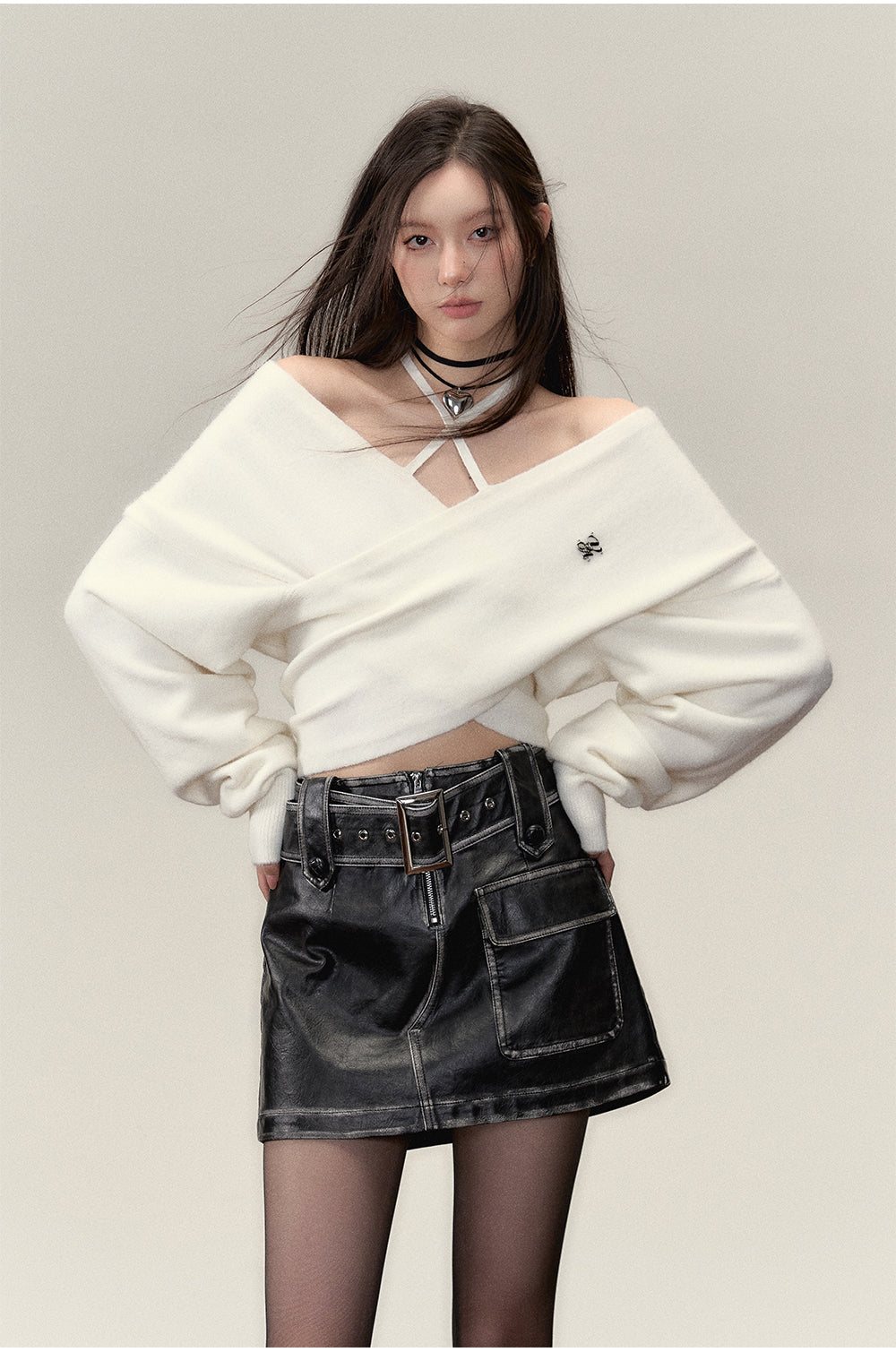 Grey & White Off-shoulder Knitted Wool Sweater