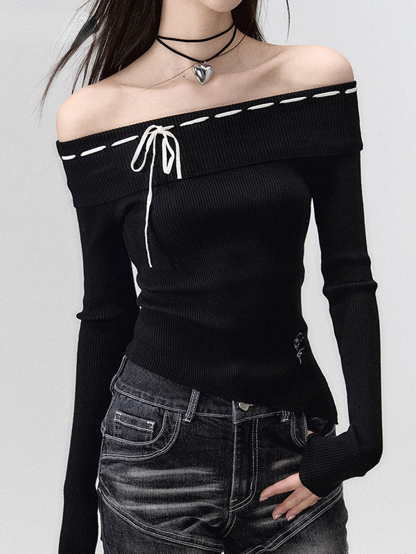 Black & Brown Off-shoulder Knitted Long Sleeve T-shirt