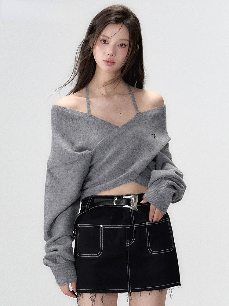 Grey & White Off-shoulder Knitted Wool Sweater