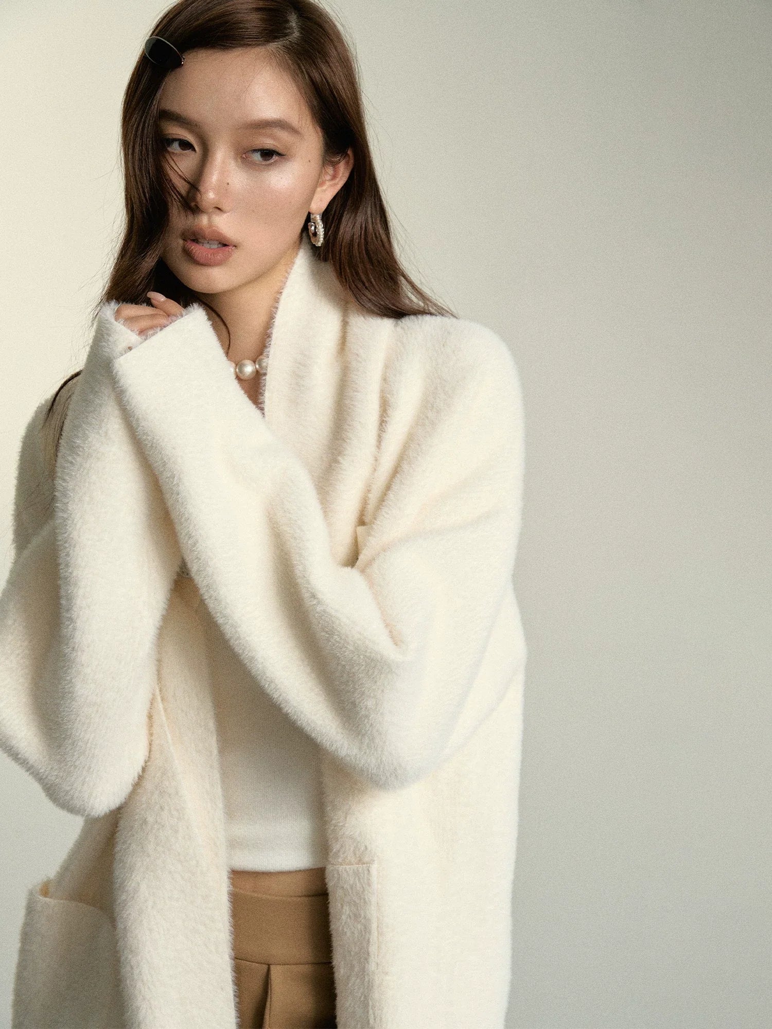 White Faux Mink Fur Collar Scarf Sweater