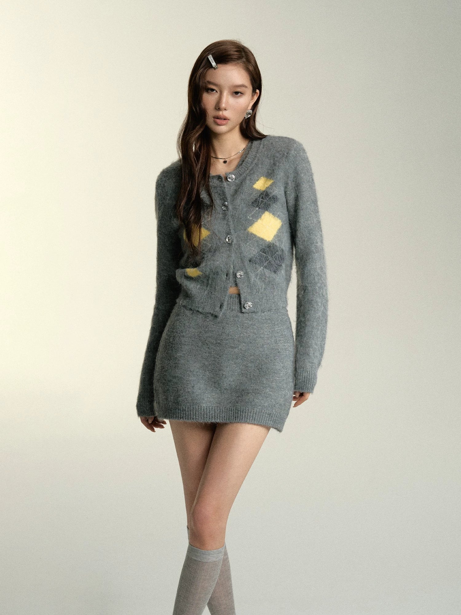 Gray Diamond Pattern Wool Cardigan & Vest
