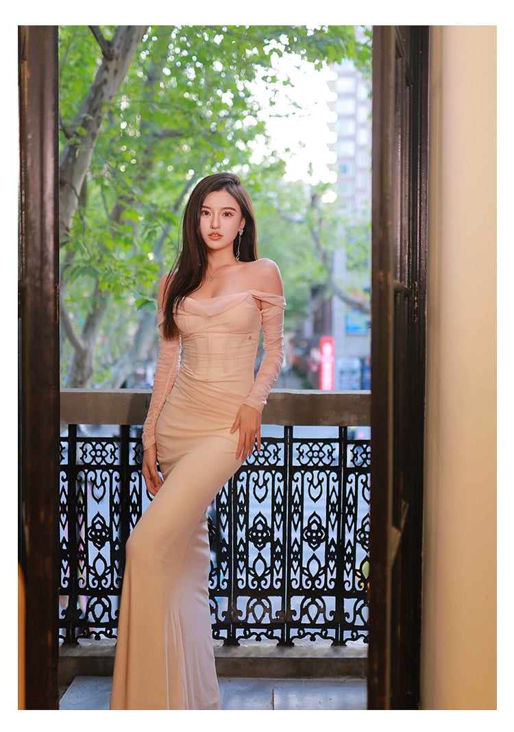 Apricot & Black Mesh Off-shoulder Fishtail Dress