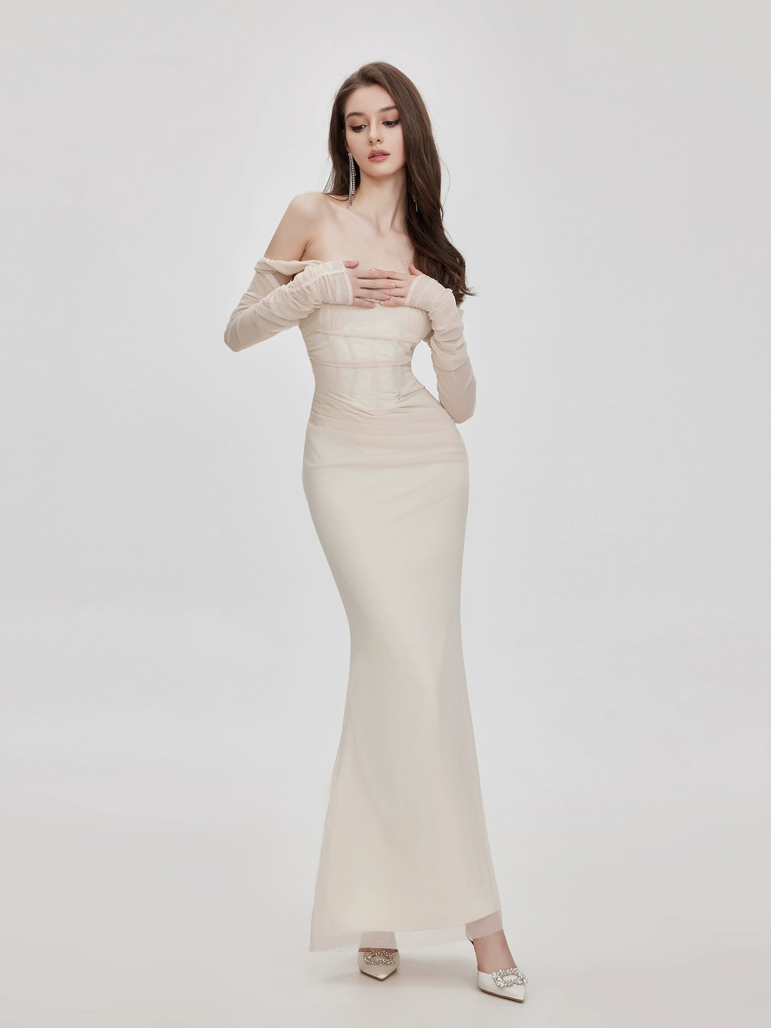 Apricot & Black Mesh Off-shoulder Fishtail Dress