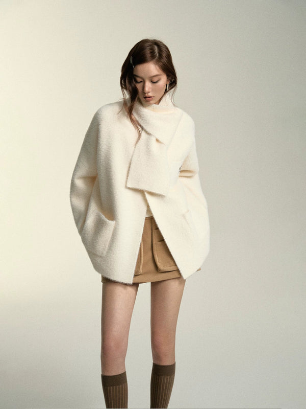 White Faux Mink Fur Collar Scarf Sweater