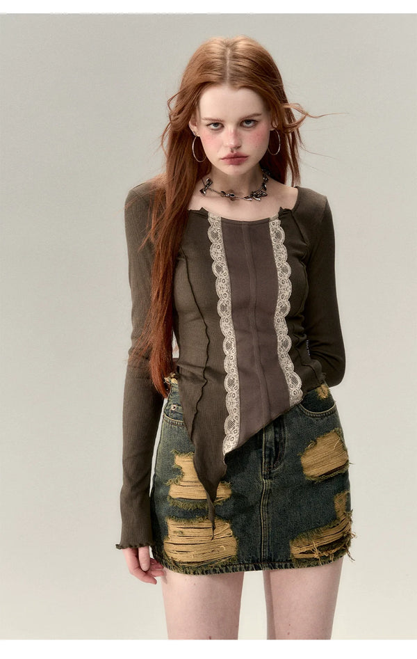 Grey-Green & Khaki Lace Patchwork Knit Sweater