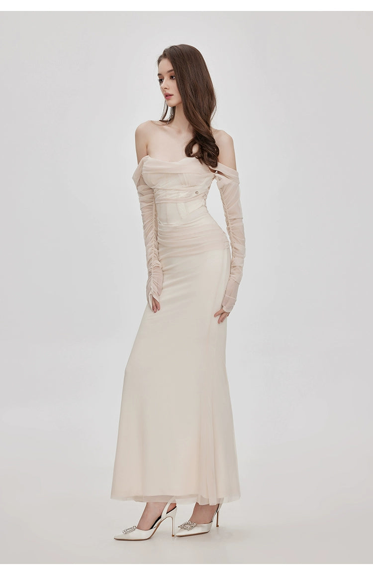 Apricot & Black Mesh Off-shoulder Fishtail Dress
