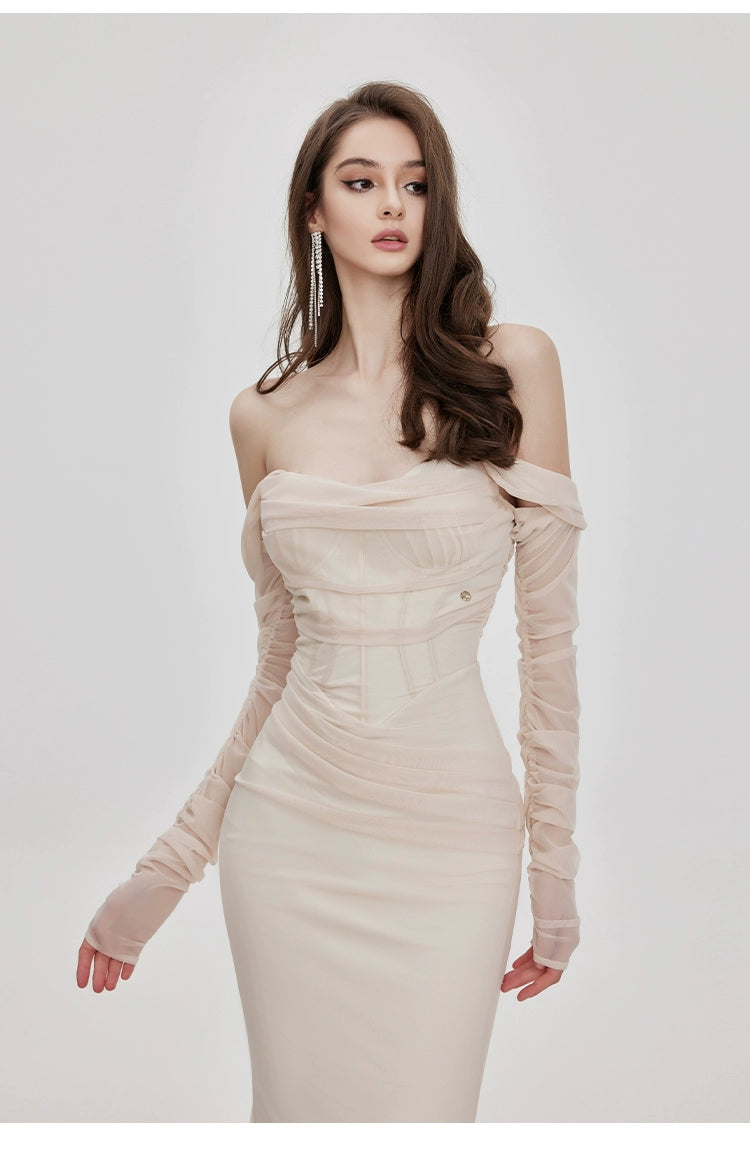 Apricot & Black Mesh Off-shoulder Fishtail Dress