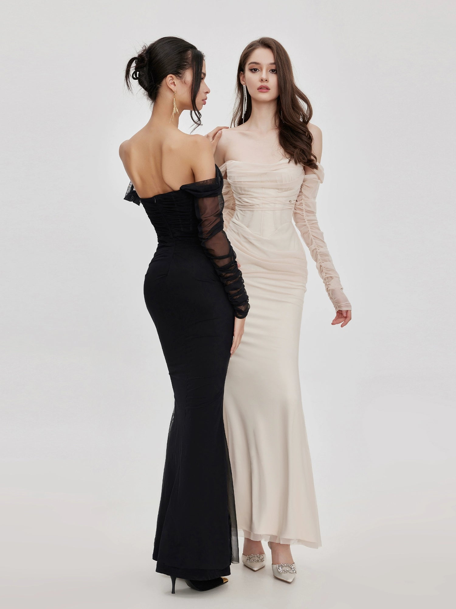 Apricot & Black Mesh Off-shoulder Fishtail Dress