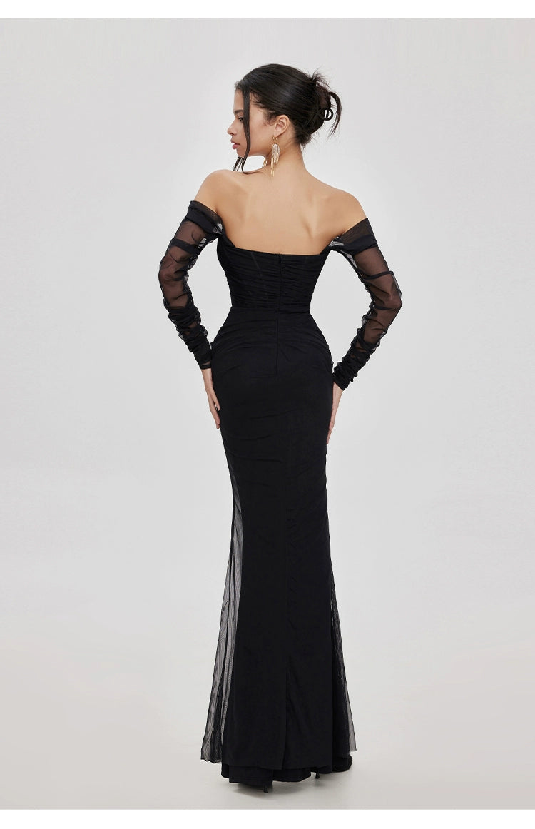 Apricot & Black Mesh Off-shoulder Fishtail Dress